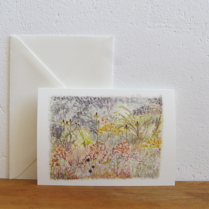 Zartes Aquarell eines Ausschnitts einer Gartenfläche mit vielen verschiedenen Pflanzenarten