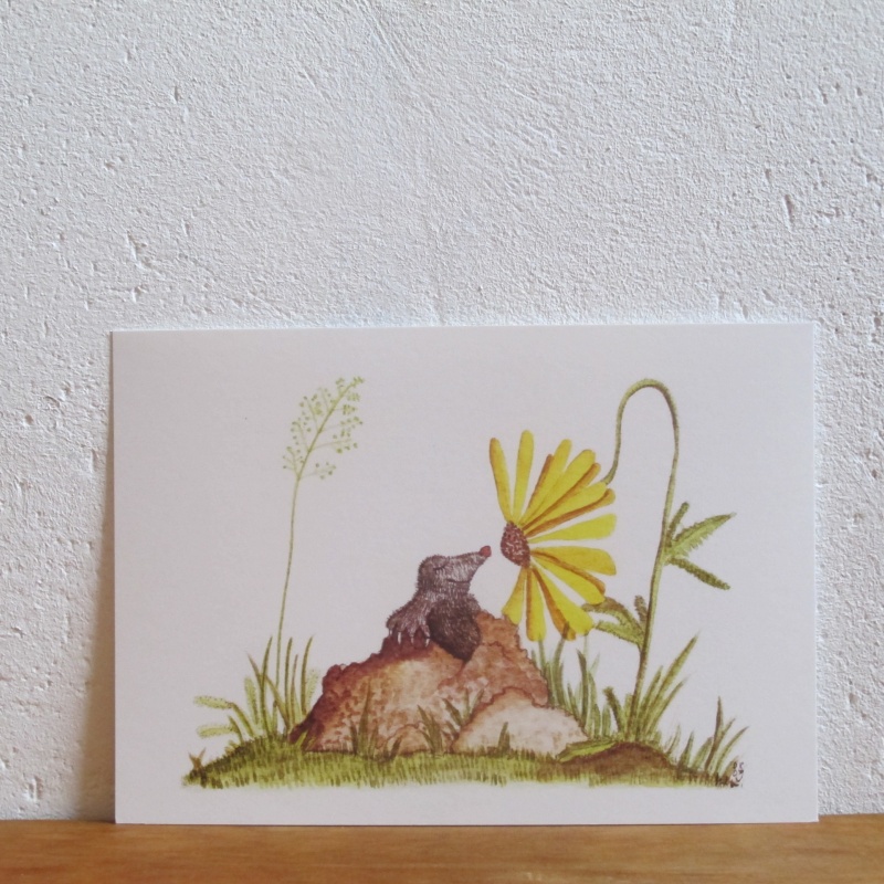 Aquarell, freundlicher Maulwurf mit Hügel und gelbe Blume