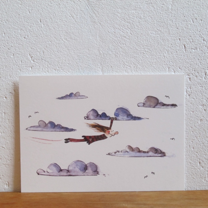 Person fliegt an blauenWolken, Aquarell mit Tusche