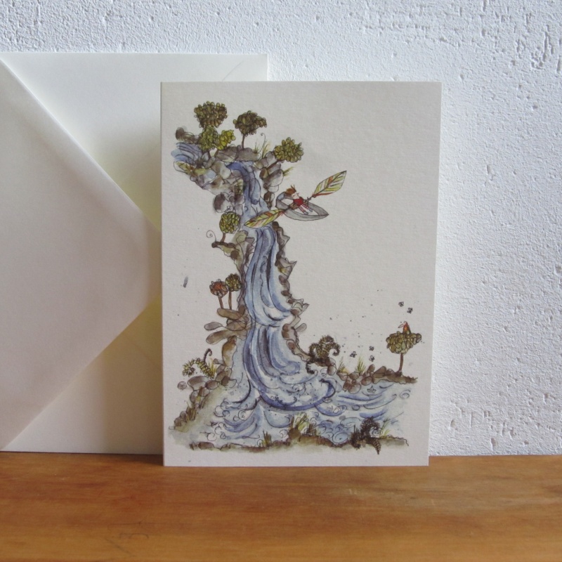 Wasserfall Bäumen und Vogel und Federboot mit Figur