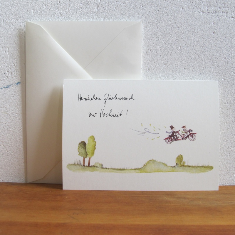 Tandem im Flug mit Frau und Mann mit Zylinder und Schleier zur Hochzeit