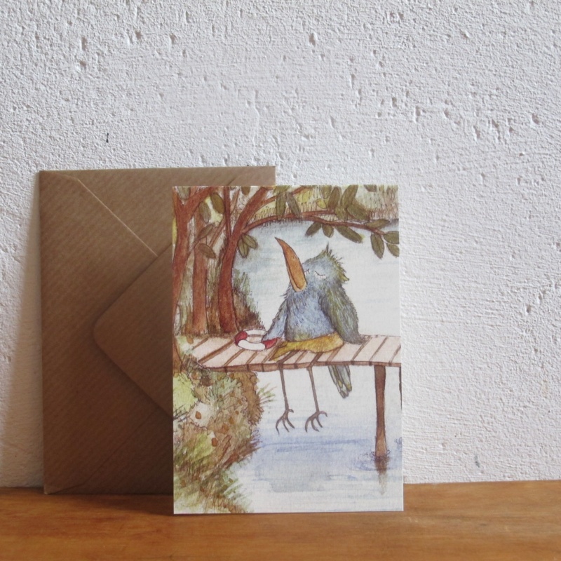 Mini-Grußkarte mit blauem Vogel mit Rettungsring am See