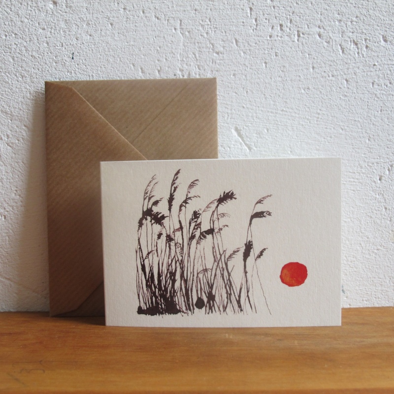 In Tusche gemalter Schilf-Saum mit roter, tief stehender Sonne